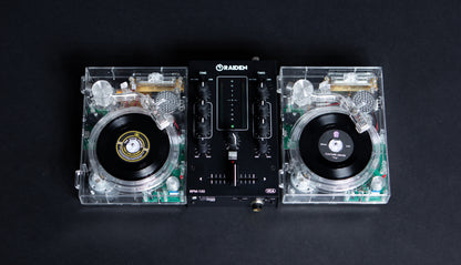 CLEAR CROSLEY RSD3 MINI 3" TURNTABLES + RAIDEN RPM 100 MIXER PACKAGE